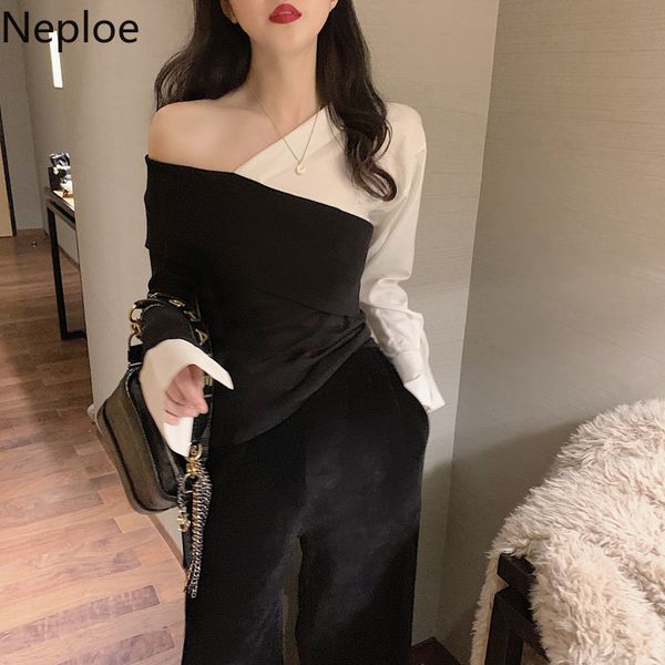 women's blouses & shirts neploe irregular skew collar women fashion knitted shoulderless long sleeve blusa slim fit fake two piece blou, White
women's blouses & shirts neploe irregular skew collar women fashion knitted shoulderless long sleeve blusa slim fit fake two piece blou, White