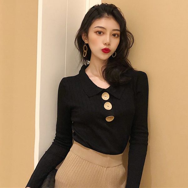 women casual solid sweater pullovers long sleeve button v-neck chic sweater female slim knit soft jumper y8, White;black
women casual solid sweater pullovers long sleeve button v-neck chic sweater female slim knit soft jumper y8, White;black