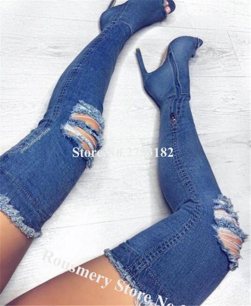 

western fashion style peep toe stiletto heel over knee denim gladiator boots blue pink white cut-out high heel jean boots, Black