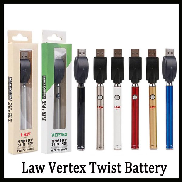 Аутентичные Law Vertex подогрев батареи с нижней поворотной кнопкой 380 мАч Slim Ego Twist Vape Pen вапоризатор переменного напряжения для густой нефти
Аутентичные Law Vertex подогрев батареи с нижней поворотной кнопкой 380 мАч Slim Ego Twist Vape Pen вапоризатор переменного напряжения для густой нефти