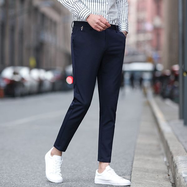 pantalon homme korean office trousers men fashion solid pants slim fit casual streetwear suit pant long trousers men clothing, Black