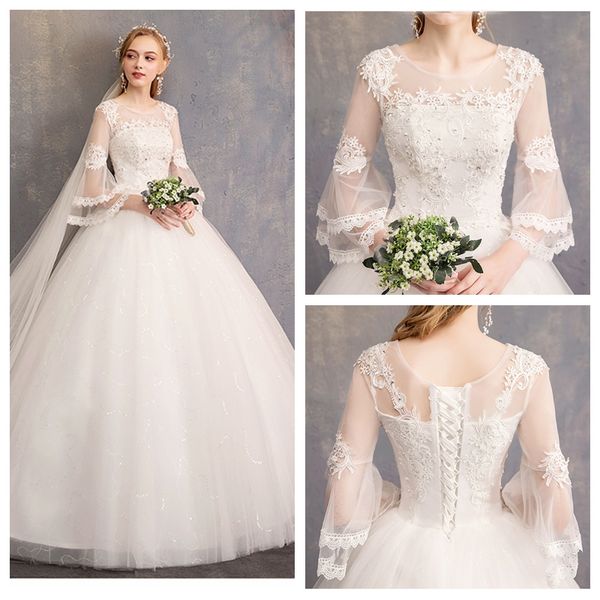 2019 очаровательная jewel шеи кружева аппликация белое платье венчания с 3/4 длинные рукава puff элегантный свадебное платье длина пола баль, White 
2019 очаровательная jewel шеи кружева аппликация белое платье венчания с 3/4 длинные рукава puff элегантный свадебное платье длина пола баль, White