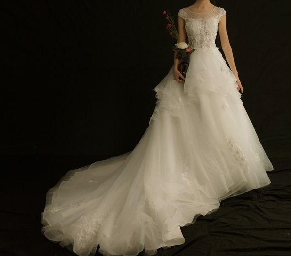 ivory court train wedding dresses scoop illusion neckline long bridal gowns pleats tulle with beads sequins side lace-up, White
ivory court train wedding dresses scoop illusion neckline long bridal gowns pleats tulle with beads sequins side lace-up, White