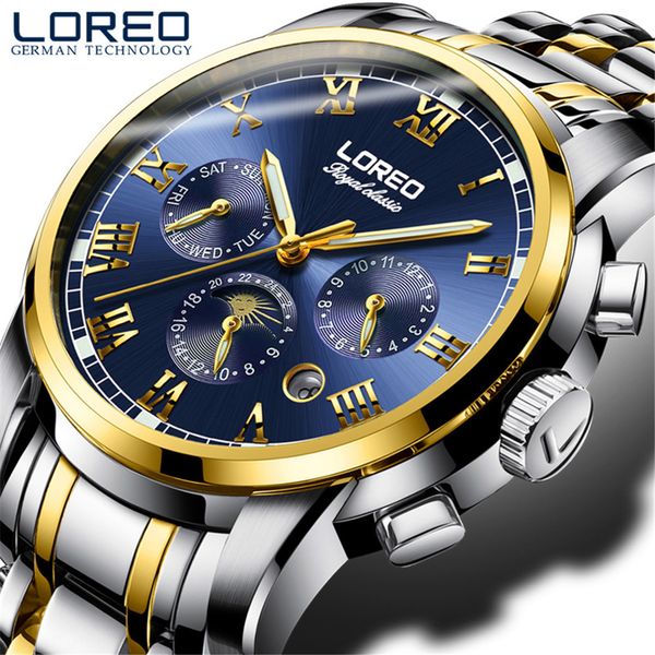 

loreo business men's mechanical watches automatic self winding wristwatches moon phase luminous waterproof clock relogio 2019, Slivery;brown