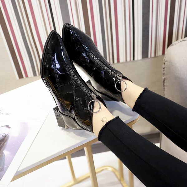 front zipper japanned leather ankle boots women shoes crocodile grain chunky heels ladies booties winter short botines, Black
front zipper japanned leather ankle boots women shoes crocodile grain chunky heels ladies booties winter short botines, Black