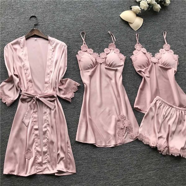 autumn new fashion 4 pieces pajamas for women satin silk pajamas sets lace robe gown set femme pijama with chest pad, Black;red
autumn new fashion 4 pieces pajamas for women satin silk pajamas sets lace robe gown set femme pijama with chest pad, Black;red