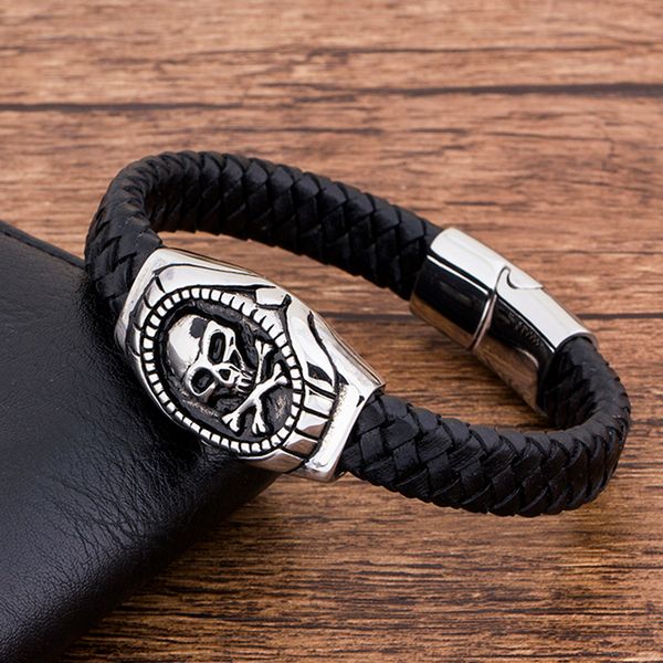 fashion charm stainless steel magnetic black genuine leather braided men bracelet jewelry skull rope punk wholesale accessories, Golden;silver
fashion charm stainless steel magnetic black genuine leather braided men bracelet jewelry skull rope punk wholesale accessories, Golden;silver