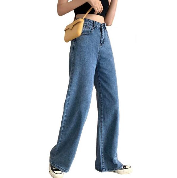 korean women casual high waisted pants loose full length wide leg jeans, Blue