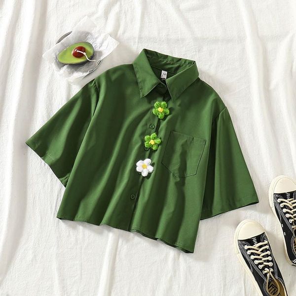 2020 flower appliques blouse women solid turn down collar single breasted shirts fashion short sleeve female, White
2020 flower appliques blouse women solid turn down collar single breasted shirts fashion short sleeve female, White