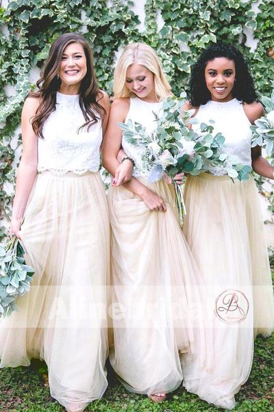 two pieces tulle country long bridesmaids dresses 2020 champagne lace floor length boho maid of honor wedding guest gowns bm0169, White;pink
two pieces tulle country long bridesmaids dresses 2020 champagne lace floor length boho maid of honor wedding guest gowns bm0169, White;pink