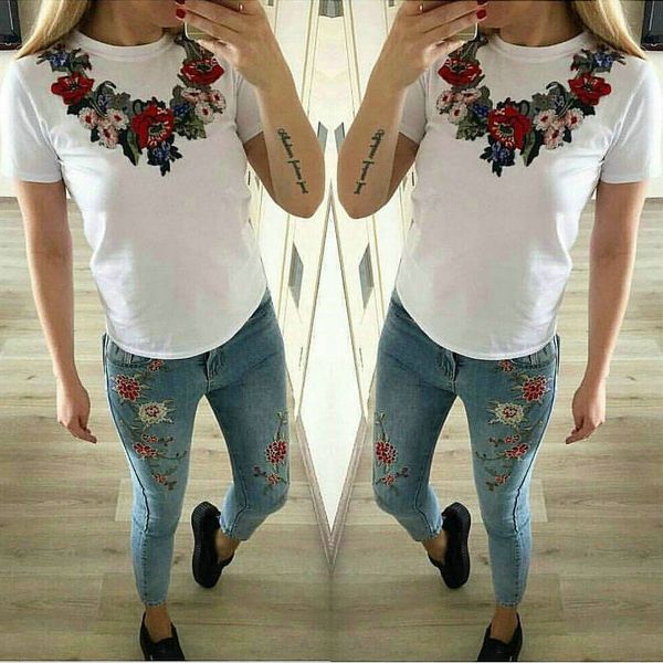 s-xl ladies summer new european and american flower embroidery round neck t-shirt womens casual wild slim shirts, White
s-xl ladies summer new european and american flower embroidery round neck t-shirt womens casual wild slim shirts, White