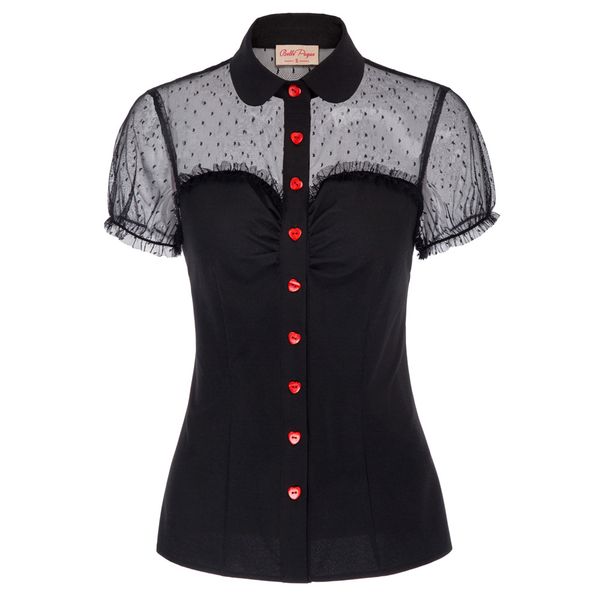 vintage women shirt short sleeve lapel collar red buttons mesh fabric patchwork blouse party elegant ladies camisas mujer, White 
vintage women shirt short sleeve lapel collar red buttons mesh fabric patchwork blouse party elegant ladies camisas mujer, White