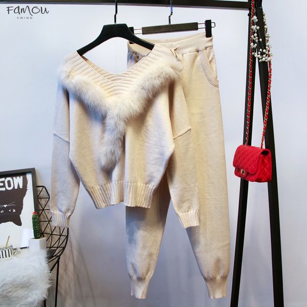 v fur neck 2 cashmere blends knitting jumper pants sets knitted sweaters trousers women pieces suits, White
v fur neck 2 cashmere blends knitting jumper pants sets knitted sweaters trousers women pieces suits, White