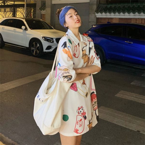 short sleeve long design fashion cartoon cake printed loose all match 2020 summer ins spring women shirts, White
short sleeve long design fashion cartoon cake printed loose all match 2020 summer ins spring women shirts, White