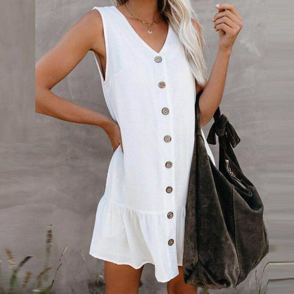 women dress ladies elegant button decor dress women solid color loose for female fashion sleeveless v-neck vestidos, Black;gray
women dress ladies elegant button decor dress women solid color loose for female fashion sleeveless v-neck vestidos, Black;gray
