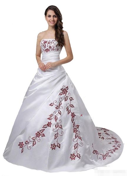 red and white ball gown wedding dress straplesss red embroidery satin vestidos de noiva corset back non traditional vintage bridal gowns
red and white ball gown wedding dress straplesss red embroidery satin vestidos de noiva corset back non traditional vintage bridal gowns