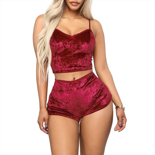 women's halter bare navel knickers with bow lace two-piece set of auburn velvet, White
women's halter bare navel knickers with bow lace two-piece set of auburn velvet, White