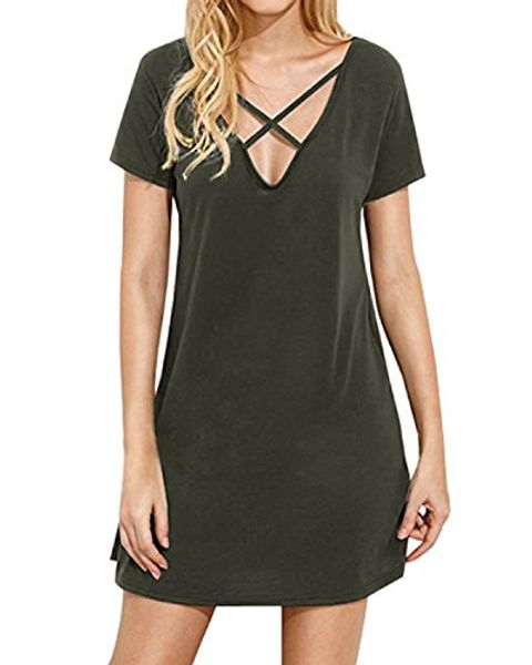 styledome women cross front short sleeve elegant deep v neck casual mini shirt dress, Black;gray