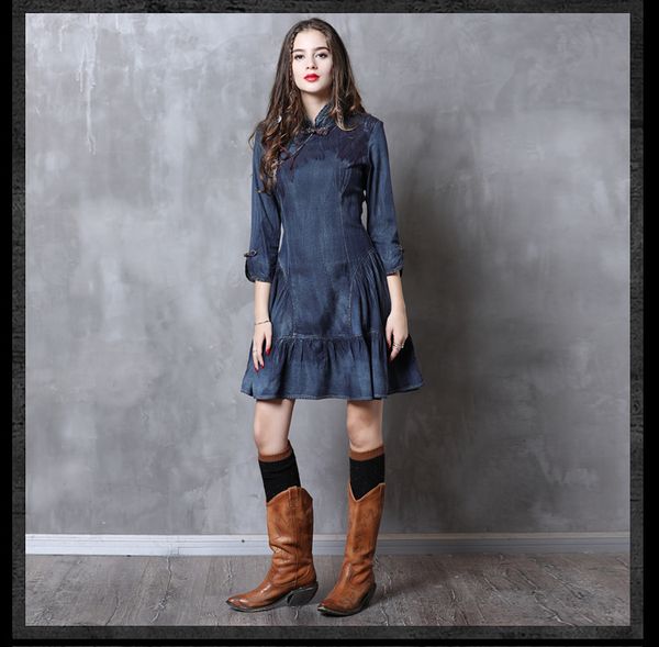 spring and summer dresses button buckle cheongsam denim skirt vintage ruffled slim dress national wind embroidery, Black;gray
spring and summer dresses button buckle cheongsam denim skirt vintage ruffled slim dress national wind embroidery, Black;gray