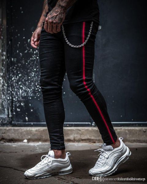 ripped black mens jeans designer pencil striped red pencil pants fashion clothing trousers, Blue
ripped black mens jeans designer pencil striped red pencil pants fashion clothing trousers, Blue