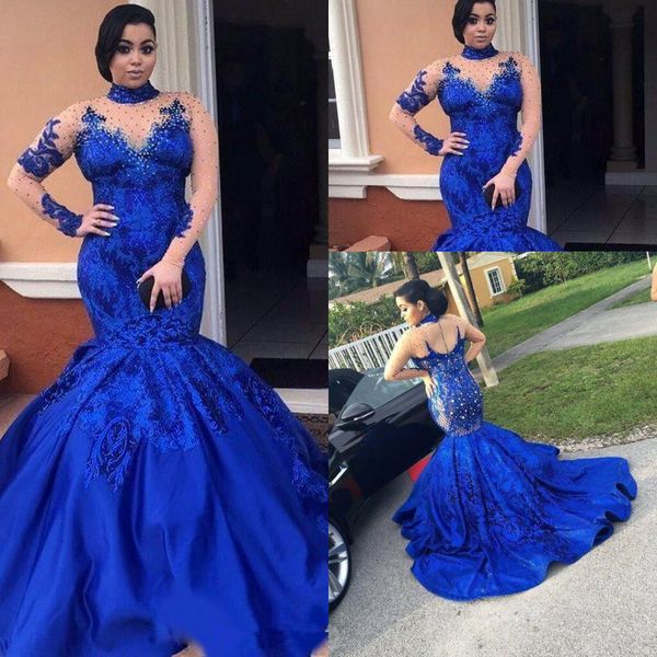 royal blue high neck prom dresses 2019 new court train applique beaded lace long sleeve mermaid formal evening party gowns hollow back, Black
royal blue high neck prom dresses 2019 new court train applique beaded lace long sleeve mermaid formal evening party gowns hollow back, Black