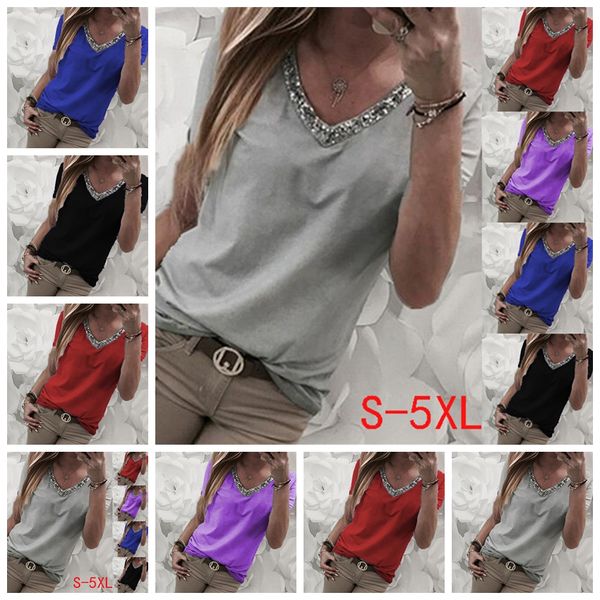 2021 european spring and summer fashion casual solid color stitching v-neck sequins short-sleeved t-shirt, support mixed batch, White
2021 european spring and summer fashion casual solid color stitching v-neck sequins short-sleeved t-shirt, support mixed batch, White