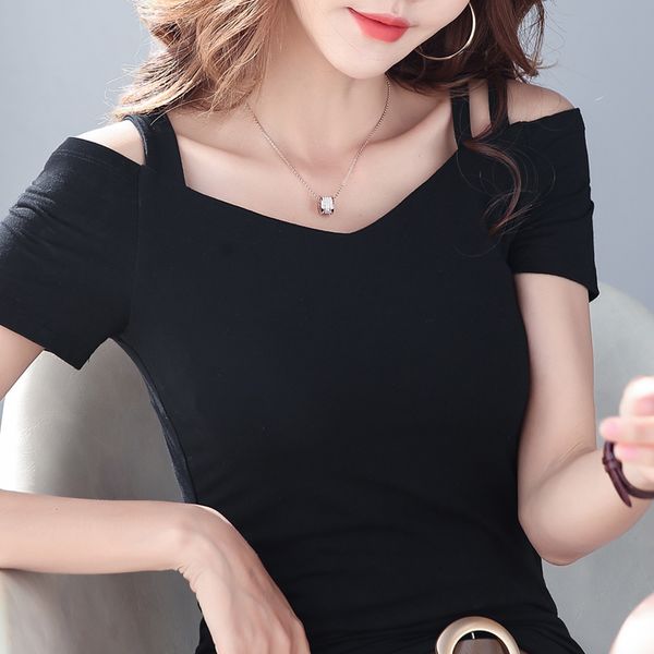 women tshirt korean fashion slim model summer t-shirts black white pink v-neck off shoulder
women tshirt korean fashion slim model summer t-shirts black white pink v-neck off shoulder