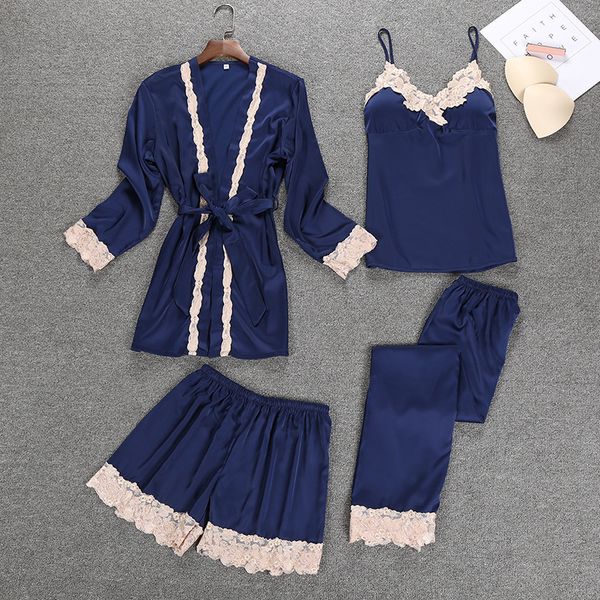 new women silk satin sleepwear set new robe+slip pant+shorts 4 pieces lace nightwear summer pajama set elegant home clothing, Blue;gray 
new women silk satin sleepwear set new robe+slip pant+shorts 4 pieces lace nightwear summer pajama set elegant home clothing, Blue;gray