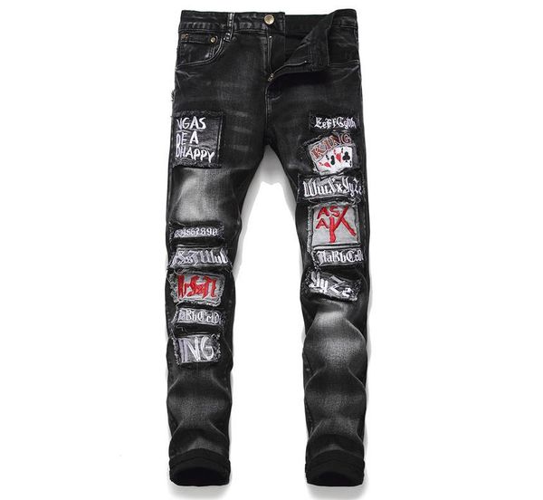 men's letter embroidery poker patches black ripped jeans fashion stretch denim skinny pants #070, Blue
men's letter embroidery poker patches black ripped jeans fashion stretch denim skinny pants #070, Blue