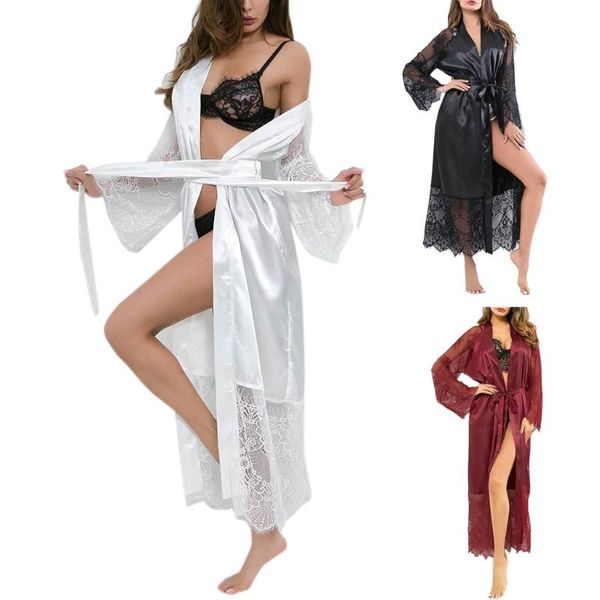 

women ice silk solid color lingerie bath robe sheer eyelash floral lace long sleeeves nightgown belted open front maxi sleepwear, Black;red