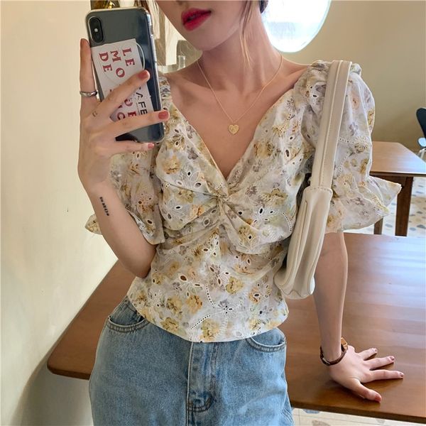 women's blouses & shirts crop korean clothes woman chic v-neck floral summer style fashion brand slim ladies blusas mujer de moda, White
women's blouses & shirts crop korean clothes woman chic v-neck floral summer style fashion brand slim ladies blusas mujer de moda, White
