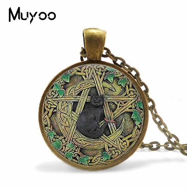 

vintage glass dome pendant black wicca pendant necklace magical pentagram wiccan black cat jewelry charm hz1, Silver