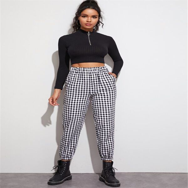 fashion england style plaids pants fashion women gingham plaid elastic high waist cargo pants joggers casual sport trousers, Black;white
fashion england style plaids pants fashion women gingham plaid elastic high waist cargo pants joggers casual sport trousers, Black;white