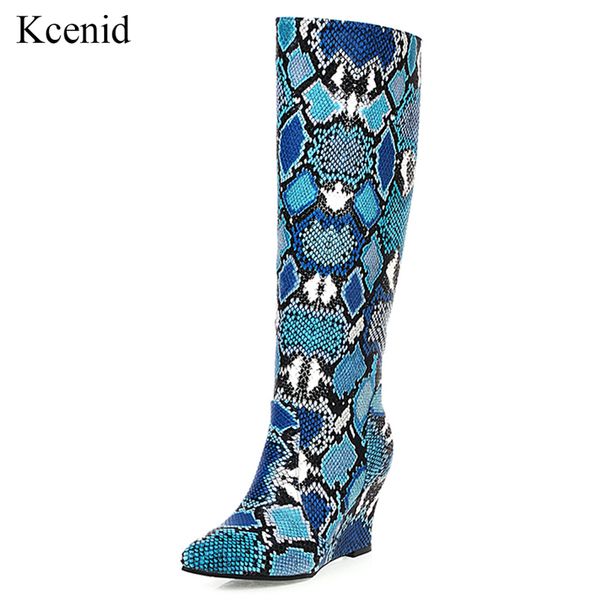 

kcenid 2020 multi snake boots pointed toe wedge high heels knee high boots winter women shoes booties zipper long size 43, Black