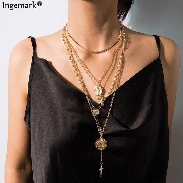 multi layer carved coin choker necklace pendant vintage cross virgin mary imitation pearl snake chain necklace for women jewelry, Silver
multi layer carved coin choker necklace pendant vintage cross virgin mary imitation pearl snake chain necklace for women jewelry, Silver