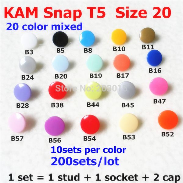 

20 color ) 200sets t5 size 20 kam plastic resin snaps buttons fasterners for diy garments sewing craft cloth bib diaper