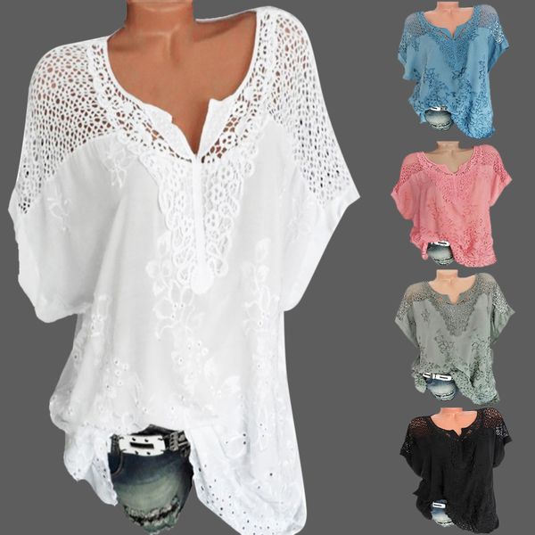 2019 new women's blouse summer o-neck short sleeve hollow out femme solid casual shirt plus size, White
2019 new women's blouse summer o-neck short sleeve hollow out femme solid casual shirt plus size, White