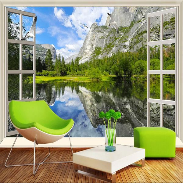 

custom 3d wall murals classic window lake mountain nature scenery p wallpapers living room bedroom 3d decor papel de parede
