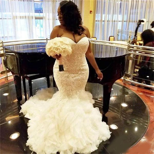 2020 african plus size wedding dresses sweetheart ruffles mermaid wedding dress lace up back tulle lace bridal gowns dubai arabic vestidos, White
2020 african plus size wedding dresses sweetheart ruffles mermaid wedding dress lace up back tulle lace bridal gowns dubai arabic vestidos, White