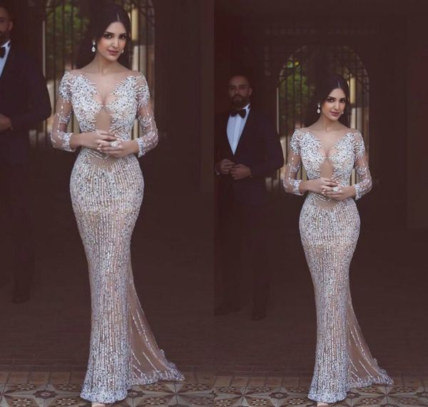 major beads mermaid evening dresses sheer jewel neck illusion bodice sweep train long sleeve prom dress arabic formal party gowns, Black
major beads mermaid evening dresses sheer jewel neck illusion bodice sweep train long sleeve prom dress arabic formal party gowns, Black
