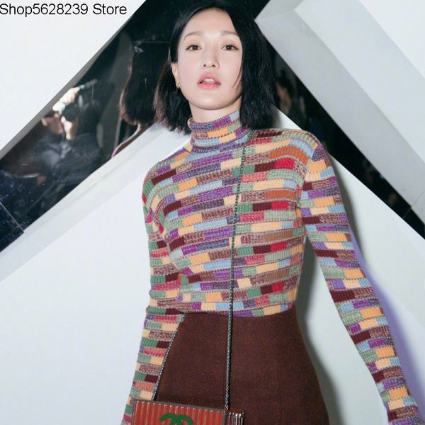 zhou xun article gao collar rainbow stripes sweater female slim fit joker backing gao quality sweater, White;black
zhou xun article gao collar rainbow stripes sweater female slim fit joker backing gao quality sweater, White;black