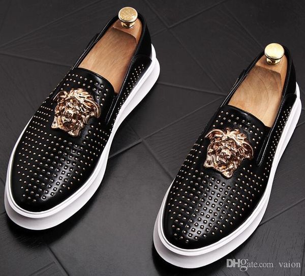 2019 fashion men rivet causal platform flats shoes loafers for mens rock hip hop dress footwear, Black