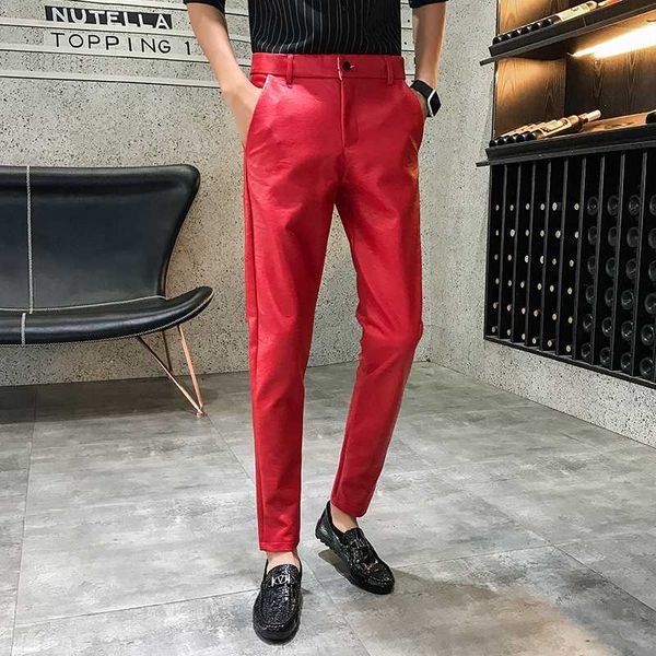 trendy men's leather men dress pant solid color trousers korean slim casual leather suits pants stage night club party clothing, White;black
trendy men's leather men dress pant solid color trousers korean slim casual leather suits pants stage night club party clothing, White;black