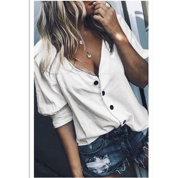 summer women solid color shirt office lady designer clothes fashion female v neck casual shirt, White
summer women solid color shirt office lady designer clothes fashion female v neck casual shirt, White