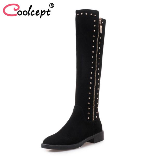 coolcept woman flat boots genuine leather winter women's shoes thigh high boots rivets fashion footwear size 34-40, Black
coolcept woman flat boots genuine leather winter women's shoes thigh high boots rivets fashion footwear size 34-40, Black