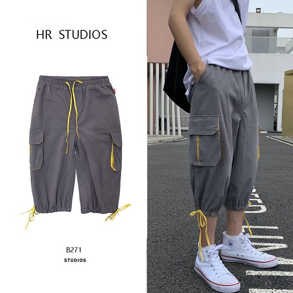 2019 summer new korean version of the trend tooling pocket hit color drawstring loose men's casual cropped trousers, Black
2019 summer new korean version of the trend tooling pocket hit color drawstring loose men's casual cropped trousers, Black