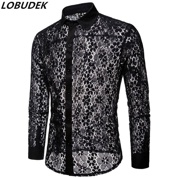 men's dress shirts black white long sleeve lace shirt bar nightclub male dj singer stage transparent lapel tuxedo see-through costume, White;black
men's dress shirts black white long sleeve lace shirt bar nightclub male dj singer stage transparent lapel tuxedo see-through costume, White;black