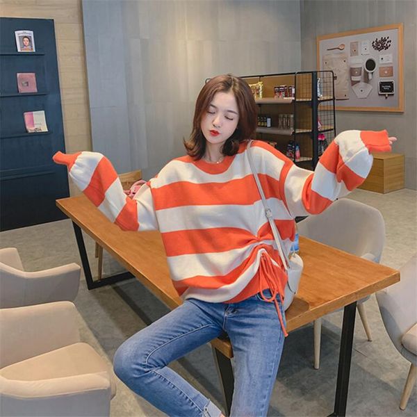 2019 autumn and winter women's sweater striped drawstring wild loose long-sleeved round neck knit casual, White;black
2019 autumn and winter women's sweater striped drawstring wild loose long-sleeved round neck knit casual, White;black