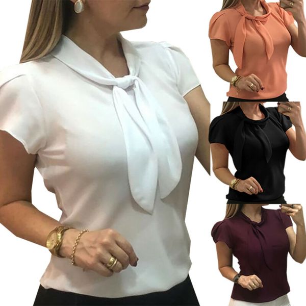 Womens Short Sleeve Tie Neck Shirts Summer Work Office Tops Solid Blouse T-shirt
