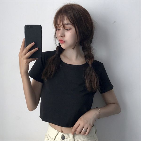 women's solid color foundation all-match short t-shirt foundation navel stretch slim short sleeve slim t-shirt student, White
women's solid color foundation all-match short t-shirt foundation navel stretch slim short sleeve slim t-shirt student, White